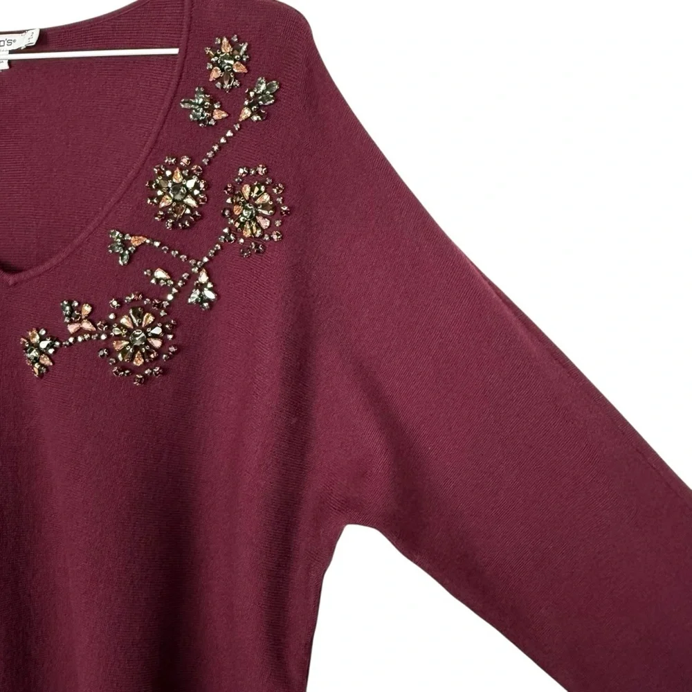 NWT Chico’s Embellished Floral Beaded V-Neck Sweater Size 2 (L) – Plum Purple